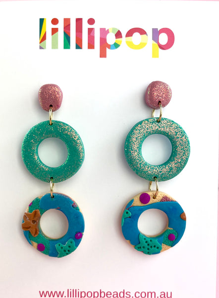 UNDER THE SEA- DOUBLE DONUT DROP EARRINGS AQUA  #03