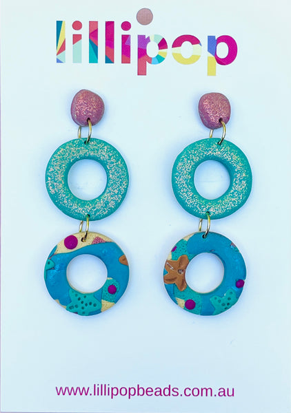 UNDER THE SEA- DOUBLE DONUT DROP EARRINGS AQUA  #03